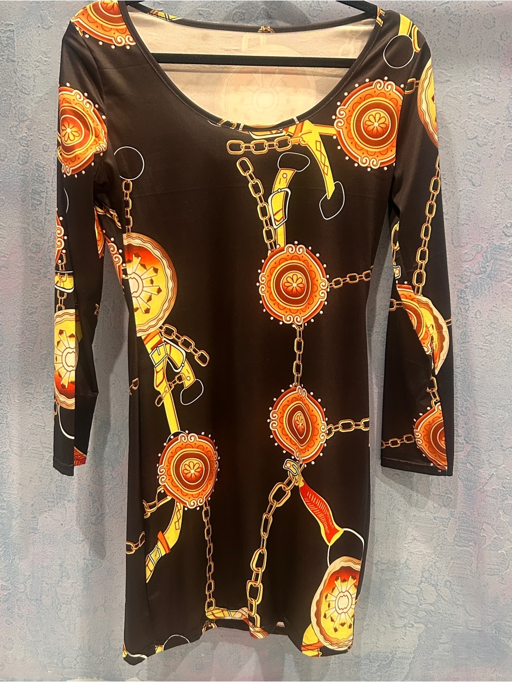 Women's Black Dress with Orange & Yellow Chain Print